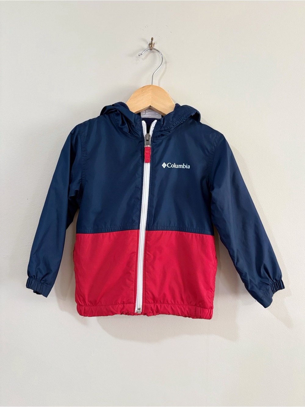 Columbia Kids Hooded Windbreaker Jacket Blue Red Fleece Lined Cozy